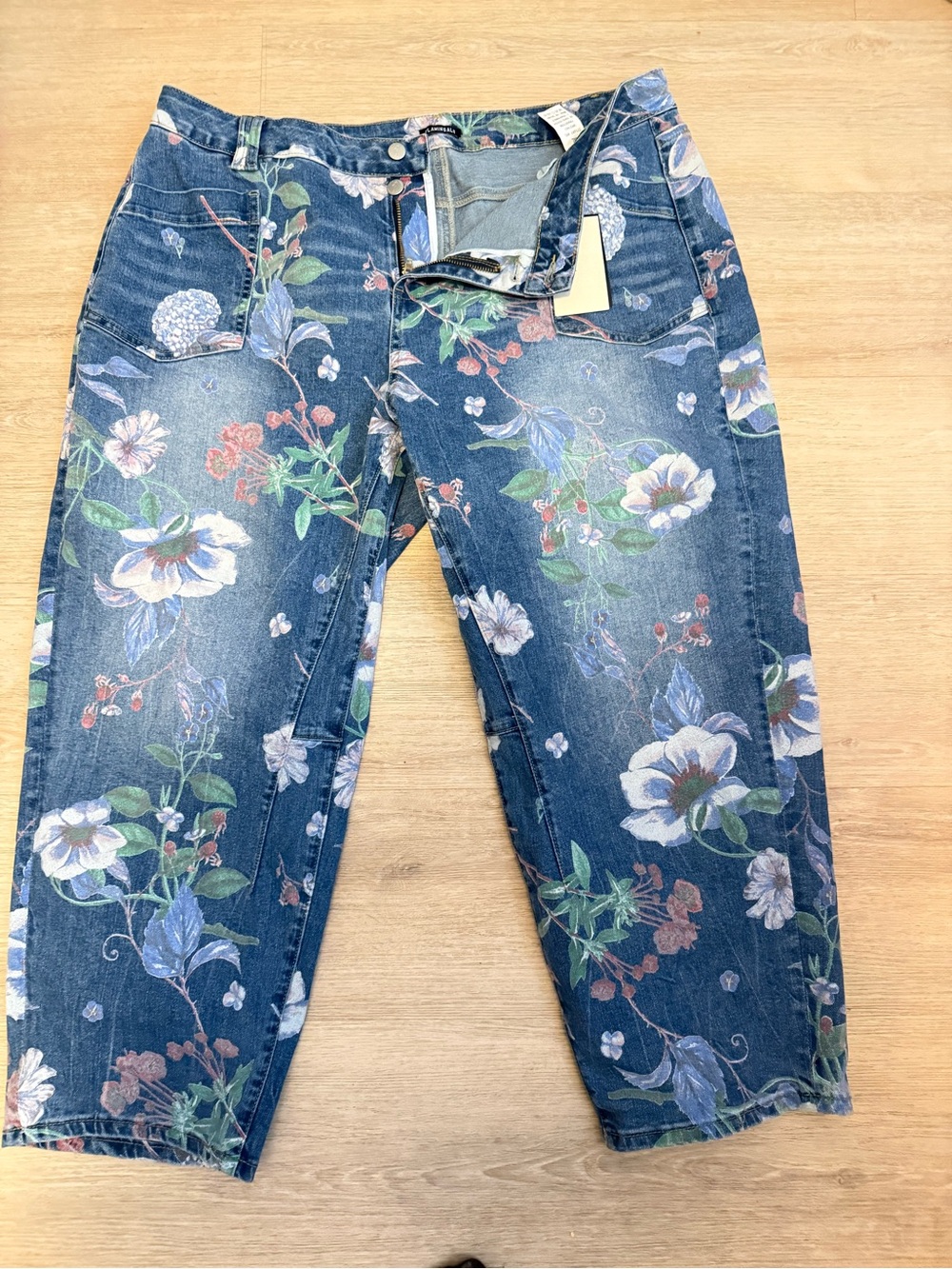 Flamingals Floral Print Cropped Women's Jeans - Blue 4XL Size 18 Plus Size